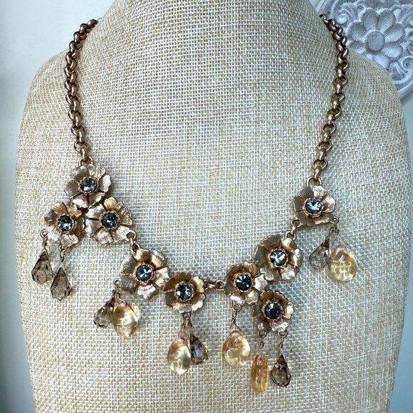 J.Crew Crystal Midnight Floral Statement Necklace Gold-Tone With Gemstone Drops - Picture 1 of 10